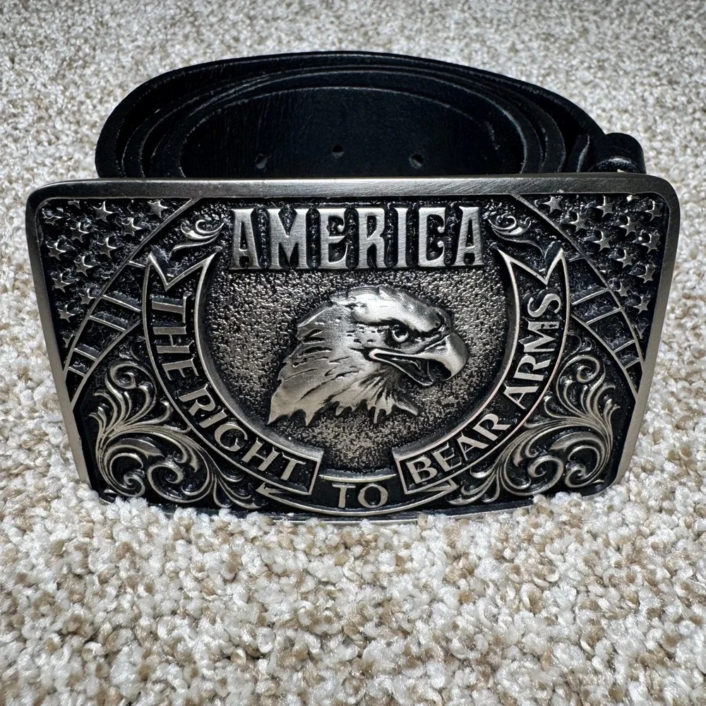 Justin Mens Black Leather Belt 42 Montana Silversmiths America Bear Arms‎ Buckle
